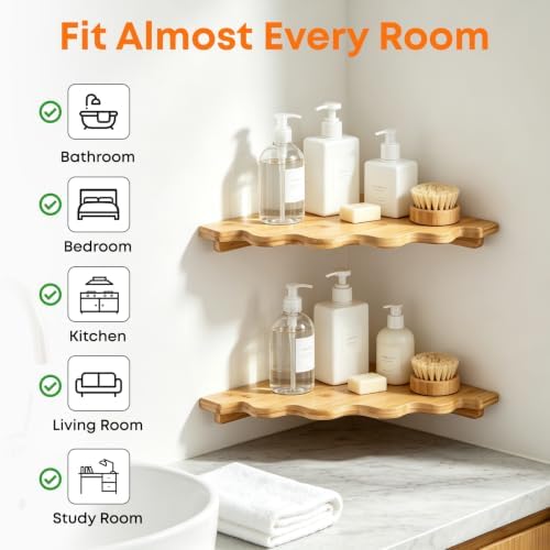 Fantasyon Corner Floating Shelf Wall Mount, Set of 2 Floating Corner Shelves, Bamboo Wood Corner Hanging Shelves with Co