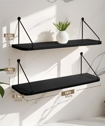 Afuly Black Floating Shelves for Wall, 24in Shelf with Brackets, Set of 2