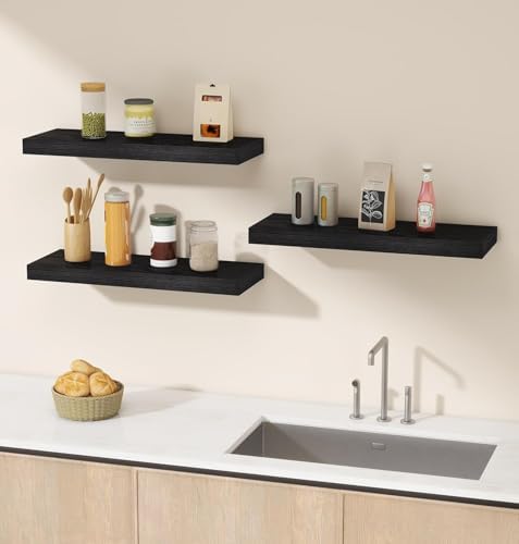 Vervida® Black Floating Wall Shelves 24in Set of 6 Holds 37 Lbs Hidden