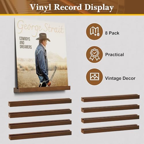 Emfogo Vinyl Record Shelf Wall Mount, 8 Pack Album Record Holder Wall, 12 inch Vinyl Record Storage Shelves Wall, Wood Record Display for Living Room Home(Walnut)