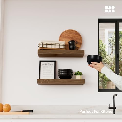 Solid Wood Floating Shelves for Wall 16 Inch Walnut, Wooden Bathroom Shelf