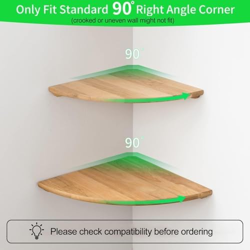 Corner Shelves, Floating Corner Shelf, Set of 2 16inch Solid Oak Wood Wall Shelves, Round End Wall Mount Display Shelf w