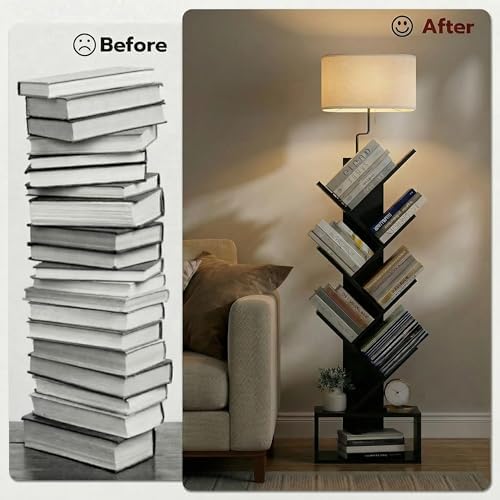 XBurmo 6 Tier Tree Bookshelf with Lights - Small Bookcase, Compact Book Tower with Drawer, Corner Bookshelf for Bedroom,