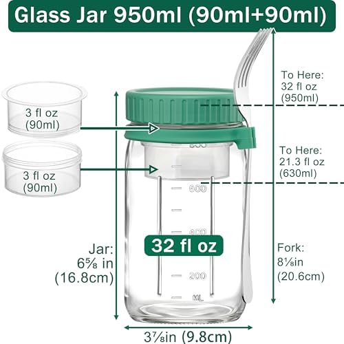 Danmu 32 oz Salad Jars with 2 Dressing Cups & Forks - Glass Mason Jar Meal Prep Containers,Wide Mouth,Leak Proof,Dishwasher Safe - Dry Wet Food Separation for Fresh Salad,Leftovers 4 Pack