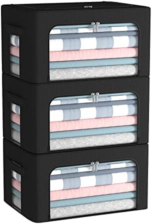 CYhom 3Pack Foldable Storage Bins - Frame Storage Box Linen Fabric Stackable Clothes Container Organizer with Clear Wind