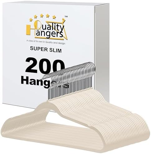 Quality Hangers 200 Pack Slim Plastic Hangers for Clothes - 16.5" Won't Crease Your Clothes, Heavy Duty Non-Velvet Ivory Hangers, 360° Swivel Chrome Hook Dresses Coats Shirts