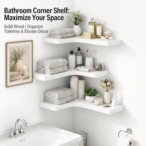 16 Inch Solid Wood Floating Corner Shelves, 3 Pack, Classic White