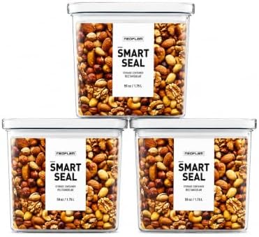 Neoflam Smart Seal Airtight Food Storage Containers Set of 3, 1.75L Pantry Containers for Cereal, Flour, Rice & Dry Food, Stackable BPA-Free Clear Canisters with Twist Lock Lids, White, 59 oz