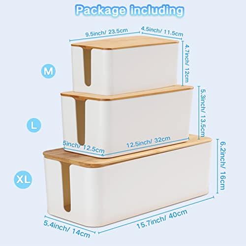 Cable Management Box Organizer, Set of 3 Bamboo Lid Storage Wires Holder to Cover Hide Surge Protector, Power Strips & C