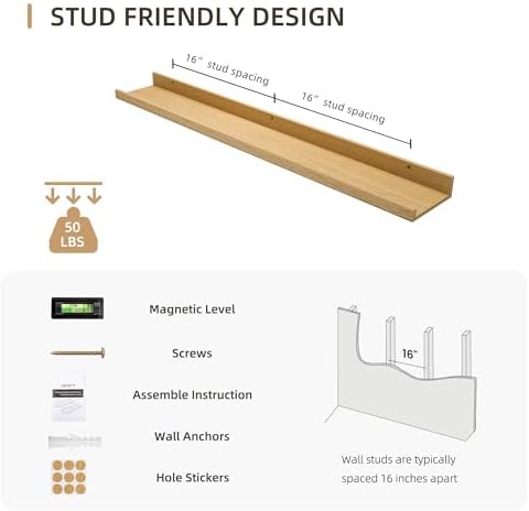 36 inch Picture Ledge Shelf, Wood Floating Shelves, Color Oak, Set of 2