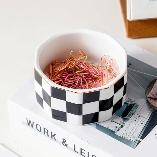 Aesthetic Desk Organizer Set of 2 For Office, Pen Holder and Paper Clip Holder Dispenser, Checkered Ceramic Cute Pencil Cup Pot, Desktop Accessories, Office Decor, Ideal Gifts (Black)