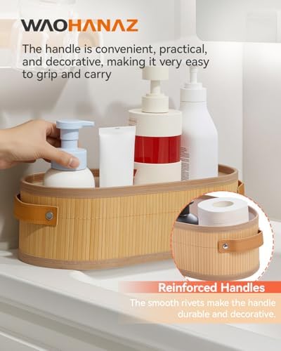 Narrow Storage Bins, Small Basket for Closet and Shelves, Bamboo Toilet Paper Storage Organizer with Handles for Counter