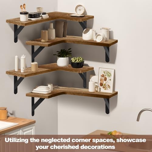 Set of 4 Corner Floating Shelves, Wall Mounted Shelf, Light Brown