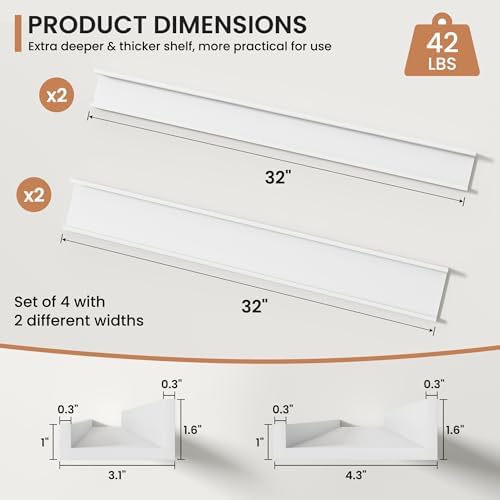 Fun Memories Picture Ledge Shelves Set of 4, 32 Inch Rustic Wall Mounted Floating Shelves with Lip for Home Storage and 