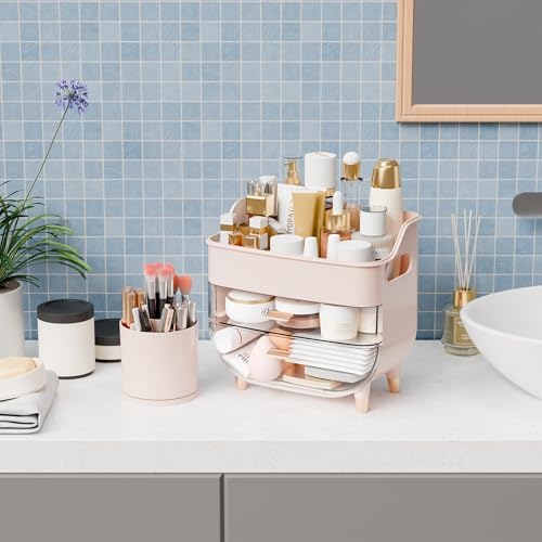 Yieach Pink Make up Organizer for Countertop,Vanity,Large Capacity Bathroom Makeup Skincare Organizers With Brush Holder