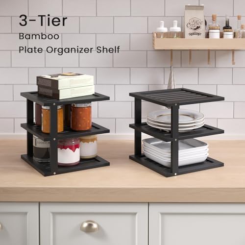 4 Pack Bamboo Corner Shelf,3 Tier Kitchen Cabinet Organizer for Plates and Dishes,Pantry Storage and Spice Rack（Black）