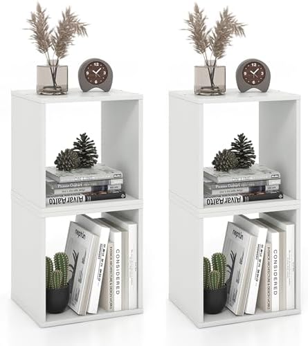 2 Stackable Cubes Bookcase, Wooden Cubby Storage Organizer (White)