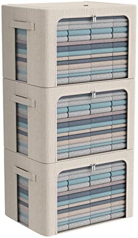 CYhom 3Pack Foldable Storage Bins - Frame Storage Box Linen Fabric Stackable Clothes Container Organizer with Clear Wind
