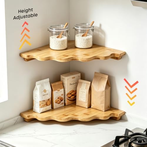 Fantasyon Corner Floating Shelf Wall Mount, Set of 2 Floating Corner Shelves, Bamboo Wood Corner Hanging Shelves with Co