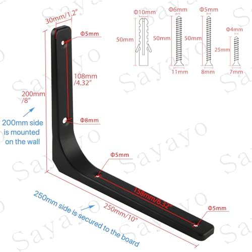 SAYAYO Wall Shelf Bracket Black, 10 X 8 Inch Heavy Duty L Bracket for Wood