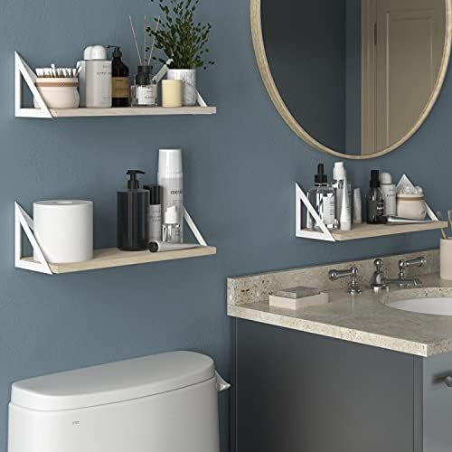 Wallniture Minori Floating Shelves for Wall Storage, Floating Bookshelf Set of 3, Bathroom and Kitchen Organizer Natural Wood Wall Shelves with White Brackets