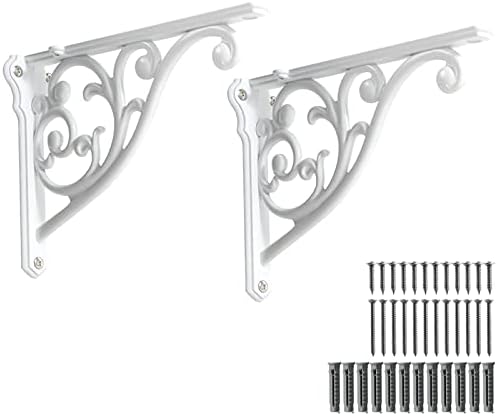 Khtumeware Ornate Decorative Shelf Brackets, 5x3.5 inch Small wall Mounted Shelving Bracket, 2 Pack White Vintage Metal 