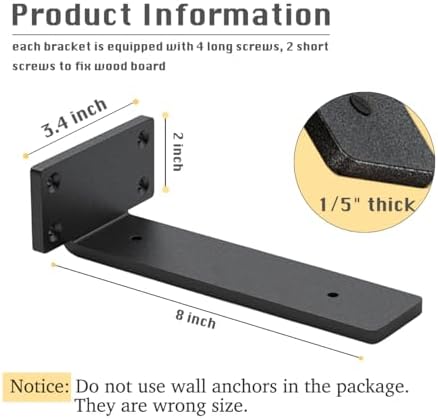 4 Pack Shelf Brackets 8 Inch Floating Shelf Bracket 1/5 inch Thick Heavy Duty Hidden Shelf Brackets Iron Metal Brackets 