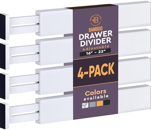 4-Pack Drawer Divider - 2.6" High, 16" to 22" Adjustable Bamboo Drawer Organizers for Clothes, Expandable Dresser Separators in Bedroom/Bathroom/Kitchen/Office Organization and Storage (White)