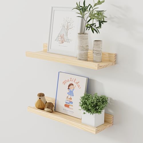 Floating Shelves for Wall, 16 inch Solid Wood Picture Ledge Shelf, Picture Shelf for Wall with Ledge, Floating Book Shelves for living room Bedroom Kitchen Nursery Decor, Natural Unfinished, Set of 2