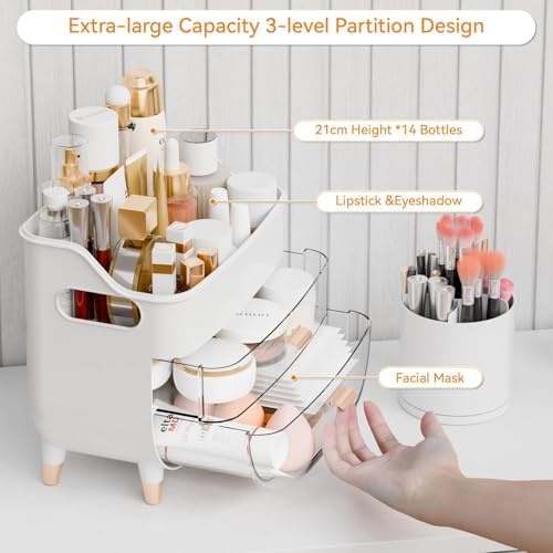 Yieach White Make up Organizer for Countertop,Vanity,Large Capacity Bathroom Makeup Skincare Organizers With Brush Holde