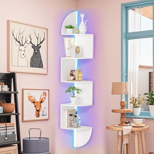 Waipfaru Corner Shelf, 5 Tier Bookshelf with LED Light, Corner Shelf Wall Mounted, Floating Shelves for Wall, Display St