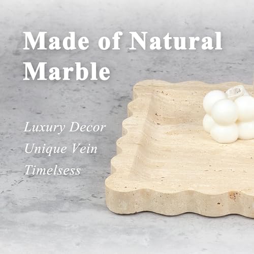 YMXYJM Travertine Marble Tray, Scalloped Stone Coffee Table Tray Decor - 8"