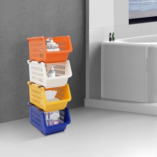 4 Pcs Stackable Storage Baskets, Compact Rolling Storage Baskets Set, Small Stackable Organizer Bins for Kitchen Bedroom