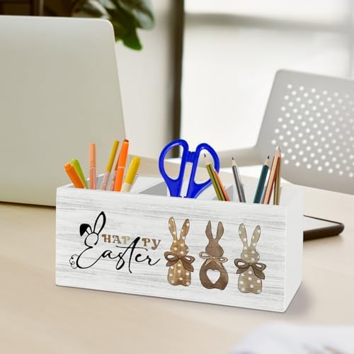 Happy Easter Bunny Decor, Bunny Rabbit Gifts, Bunny Easter Gifts for Women, Funny Pen Pencil Holder Organizer for Desk Accessories, Wooden Box Sign Desk Decor for Home Office Decoration