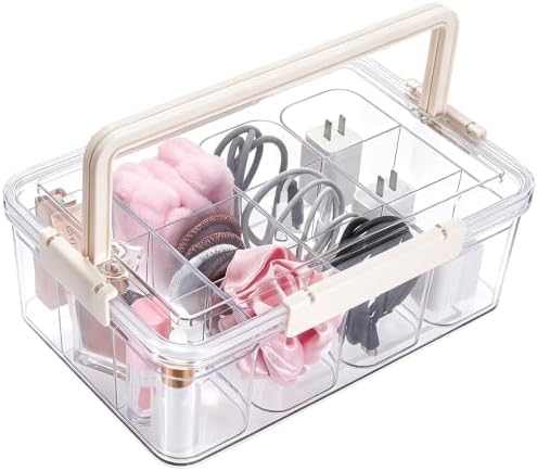 Large Cable Storage Box with Lid Clear Power Cords Organizer 4 Adjustable Dividers Case Desktop Cable Management Box for