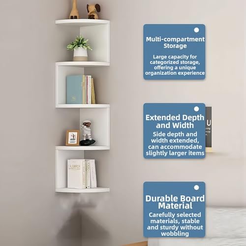 5-Tier Corner Shelf Wall Mount, Screw-Mounted Floating Bookshelf with Enhanced Support, Space-Saving Zigzag Shelf for Be