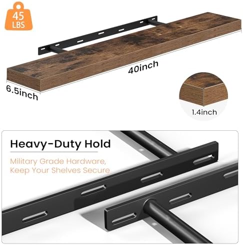 40 Inch Floating Shelves for Wall, Wood Wall Mounted Deep Storage Shelves with Invisible Brackets, Long Decorative Displ