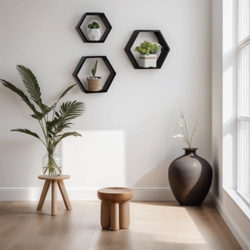 ROSE BLOOM Set of 3 Black Wood Hexagon Shelves for Wall Decor - Farmhouse Honeycomb Shelves for Living Room Decor, Kitch