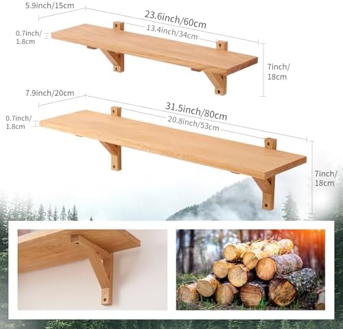 Floating Shelves Oak 32 inches Natural Wood Wall Shelf Wall Mounted Rustic Floating Shelf with Brackets for Bedroom Livi