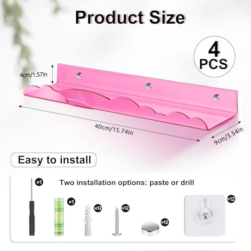 Rainbow Acrylic Floating Shelves, Wall Mounted, 15in, 4 Pack, Pink