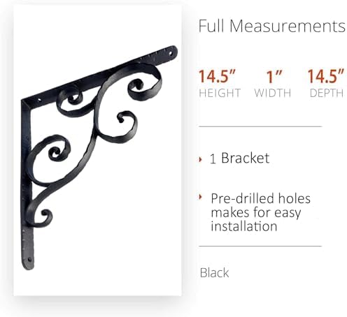 NACH Decorative Shelf Brackets, 1 Pack of 14.5 x 1 x 14.5 inch, Black Cast Iron Shelving Brackets - Metal Shelf Brackets