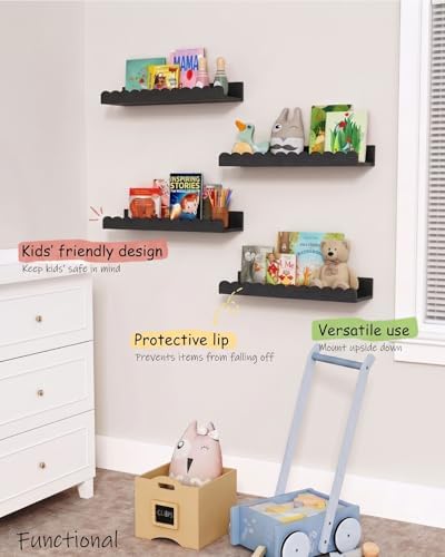 Black Nursery Floating Shelves for Wall, Scalloped Book Shelf for Kids Room