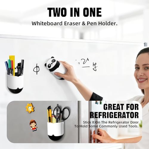 Cute Panda Magnetic Pen Holder, Strong Magnet for Glass Whiteboard, Refrigerator & Locker - Marker Organizer, Dry Erase Marker Holder for School, Home & Office (Black/White)