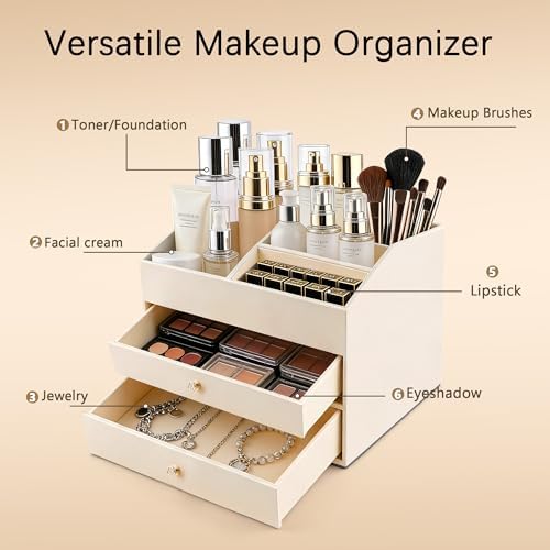 Homeanda Makeup Organizer with Drawers, PU Leather Cosmetic Storage Box Large Cosmetic Display Case for Skincare, Lipsti
