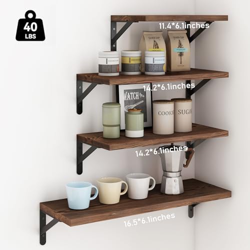 YGEOMER 4 Different Sizes Floating Shelves for Wall, Dark Carbonized Pine