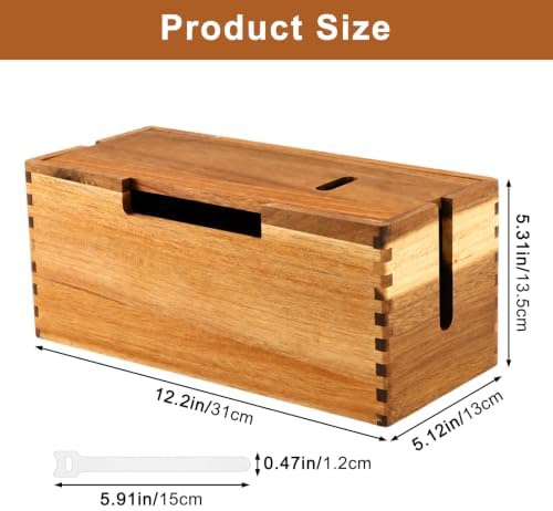 Acacia Wood Cable Management Box,Office Under Desk Cable Storage Box for Wire, Cord Hider Organizer for Power Strip, Ele