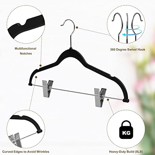 Quality Plastic 20-Pack - Non Velvet Non-Flocked Thin Compact Coat Hangers with Metal Clips for Skirts Pants Blouses - 360° Swivel Hook (Black, 20)