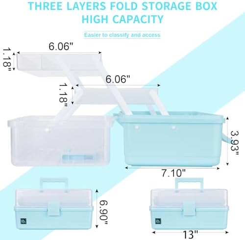 Creahaus 13 inch Art Craft Organizer Storage Box with 3 Layer, Multipurpose Plastic Tool Box with Handle for Sewing, Art