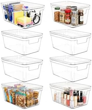 MOONEDGE 8-Pack 10x6x5 Stackable Small Clear Storage Bins with Lids