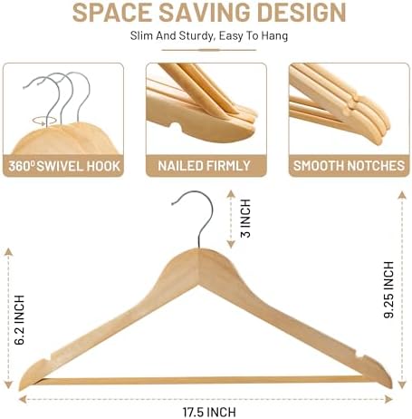 LUX Decor Wooden Hangers 30 Pack - Non-Slip Coat & Suit Hangers with 360° Swivel Hook, Smooth Finish, Heavy Duty Natural Color Clothes Hangers for Jacket, Shirt, Pants